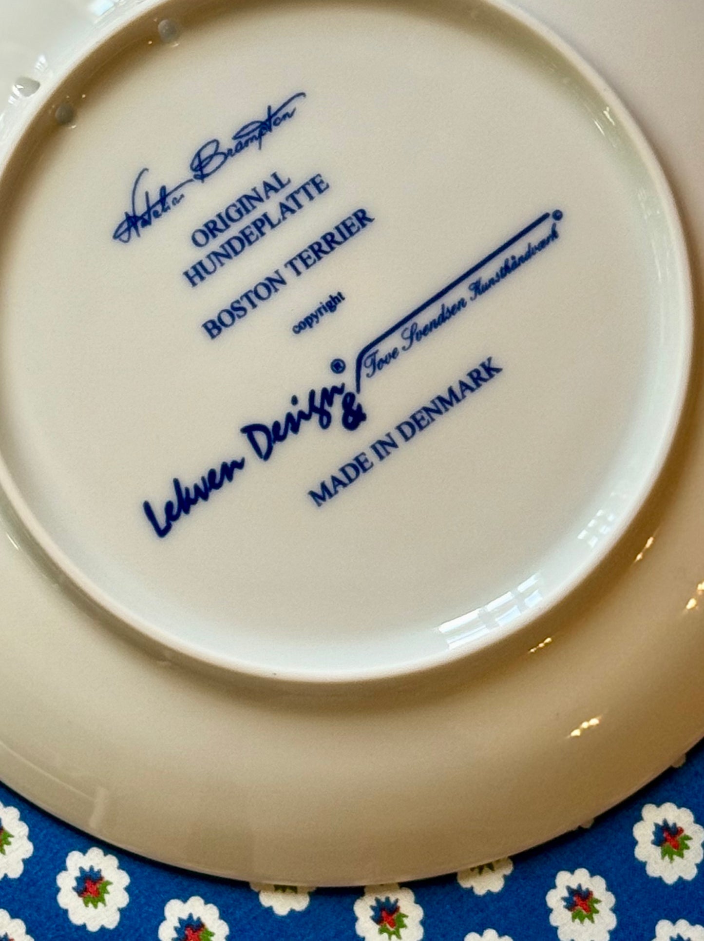 Danish Boston Terrier Blue and White Plate