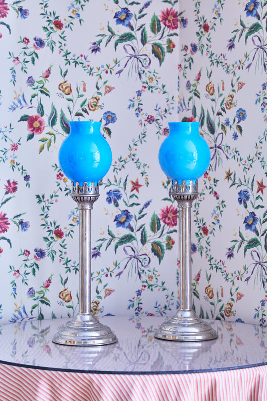 Antique Desmarsis and Robitaille Hurricane Candlesticks