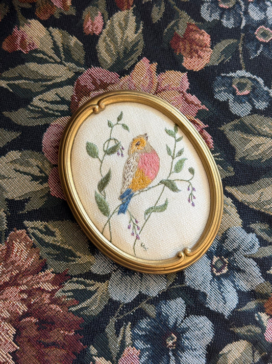 Framed Vintage Embroidered Robin