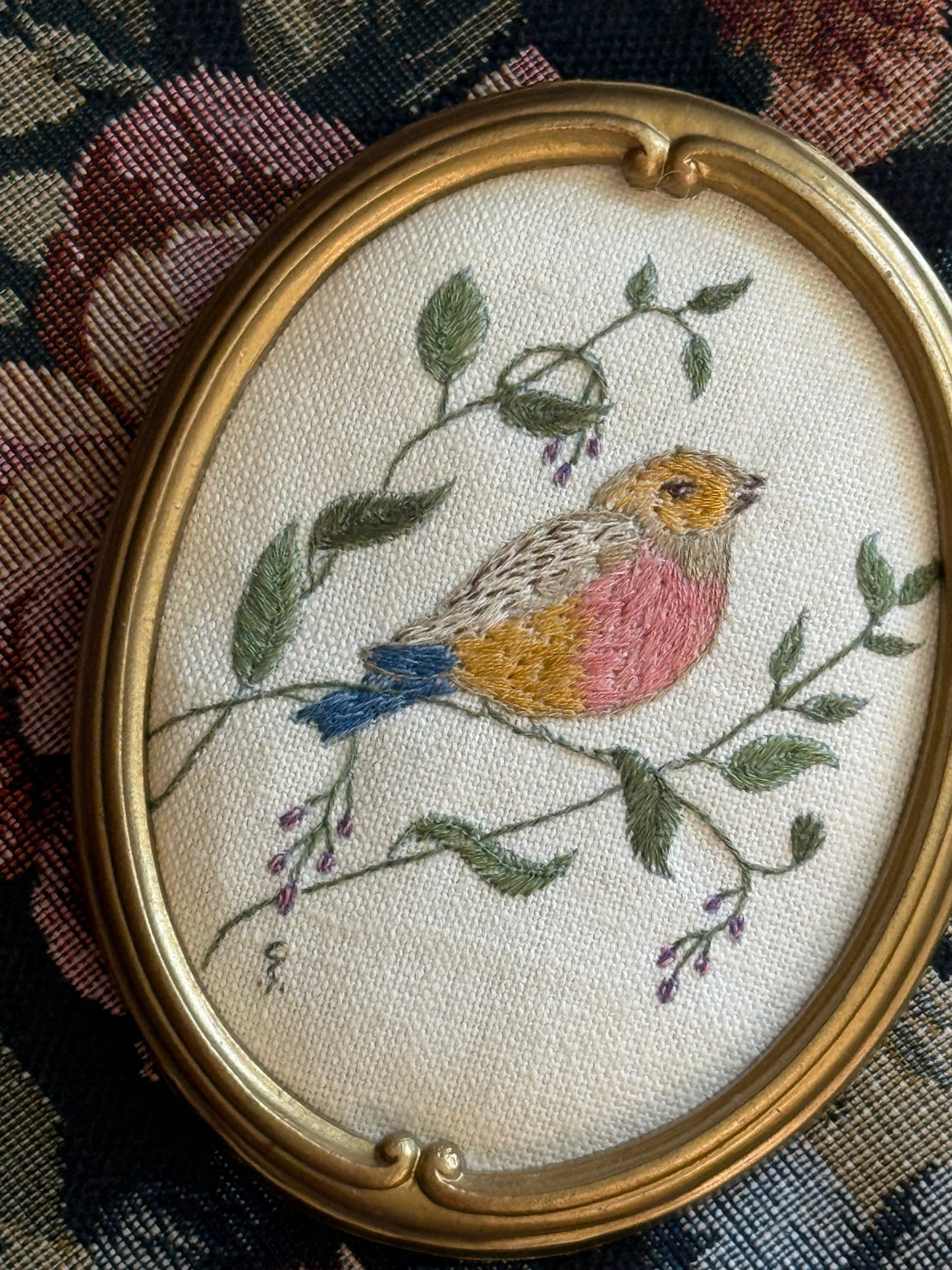 Framed Vintage Embroidered Robin