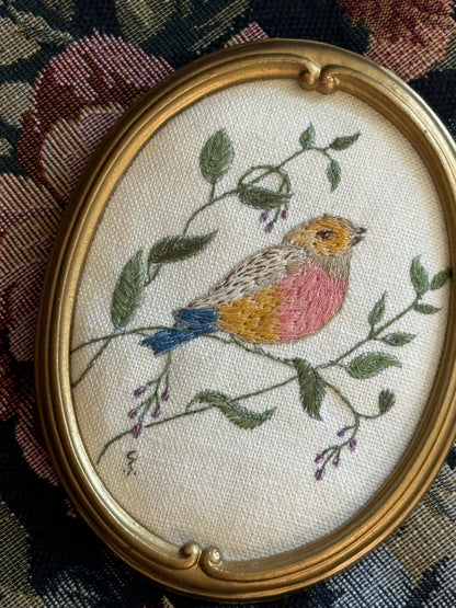 Framed Vintage Embroidered Robin