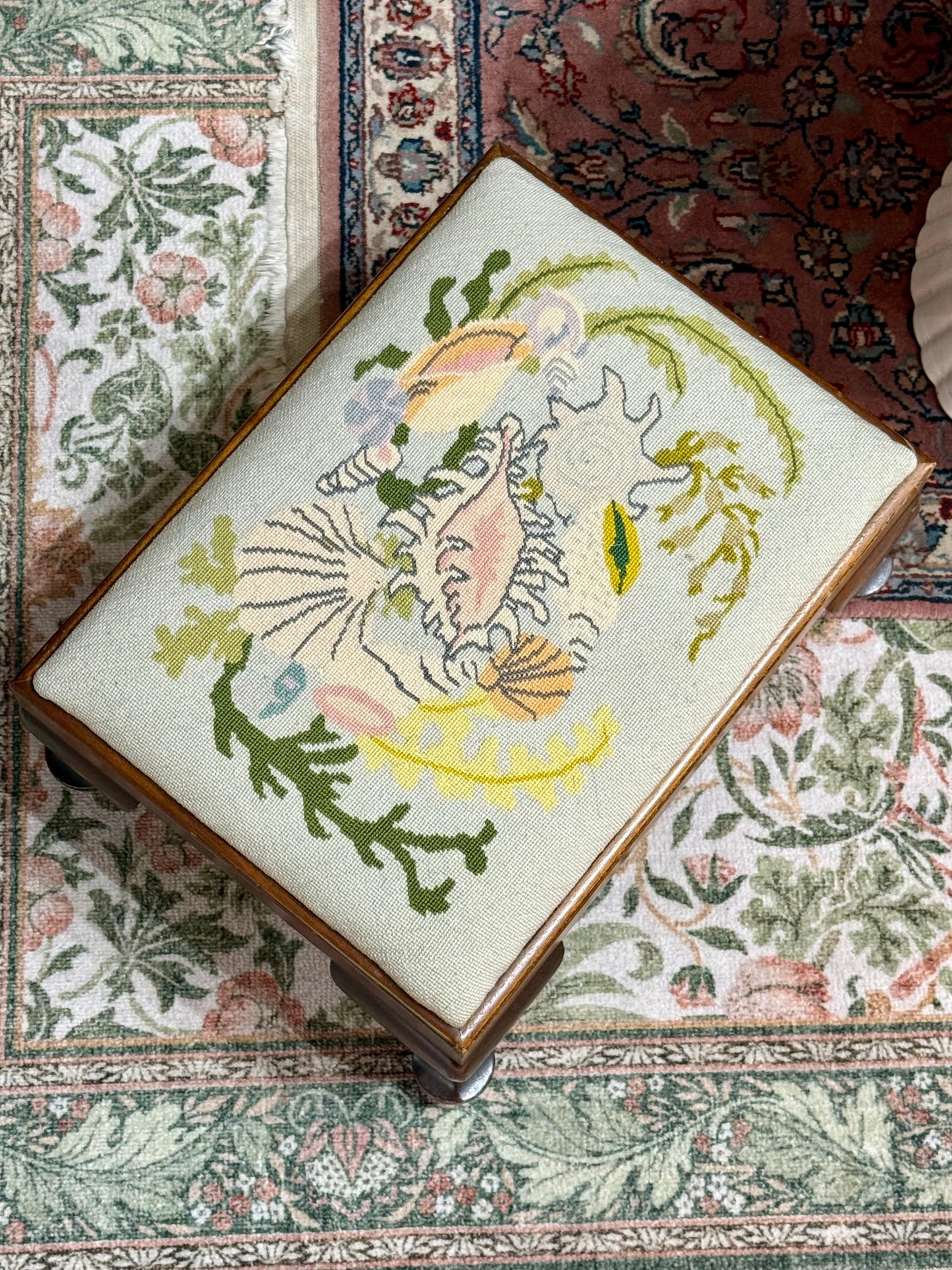 Vintage Seashell Needlepoint Footstool