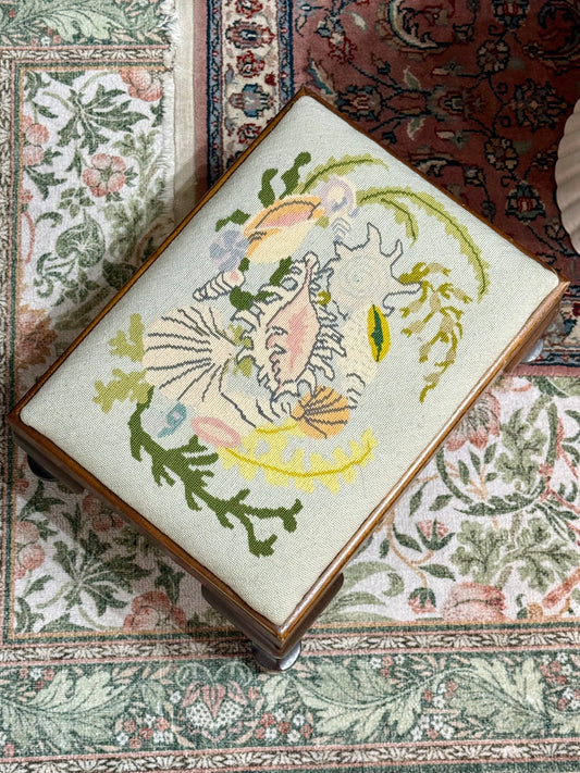 Vintage Seashell Needlepoint Footstool