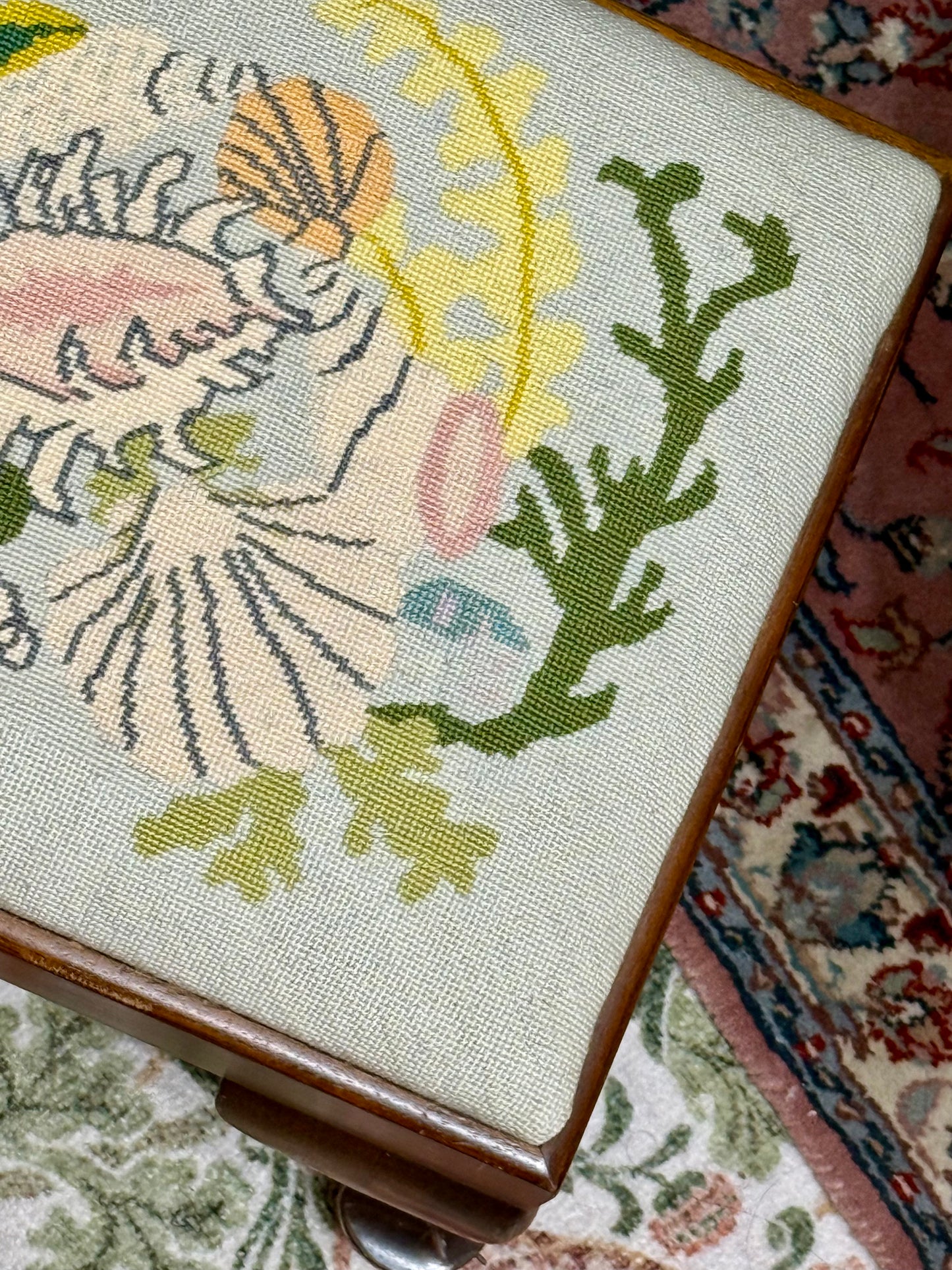 Vintage Seashell Needlepoint Footstool