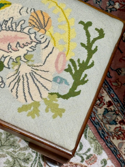 Vintage Seashell Needlepoint Footstool